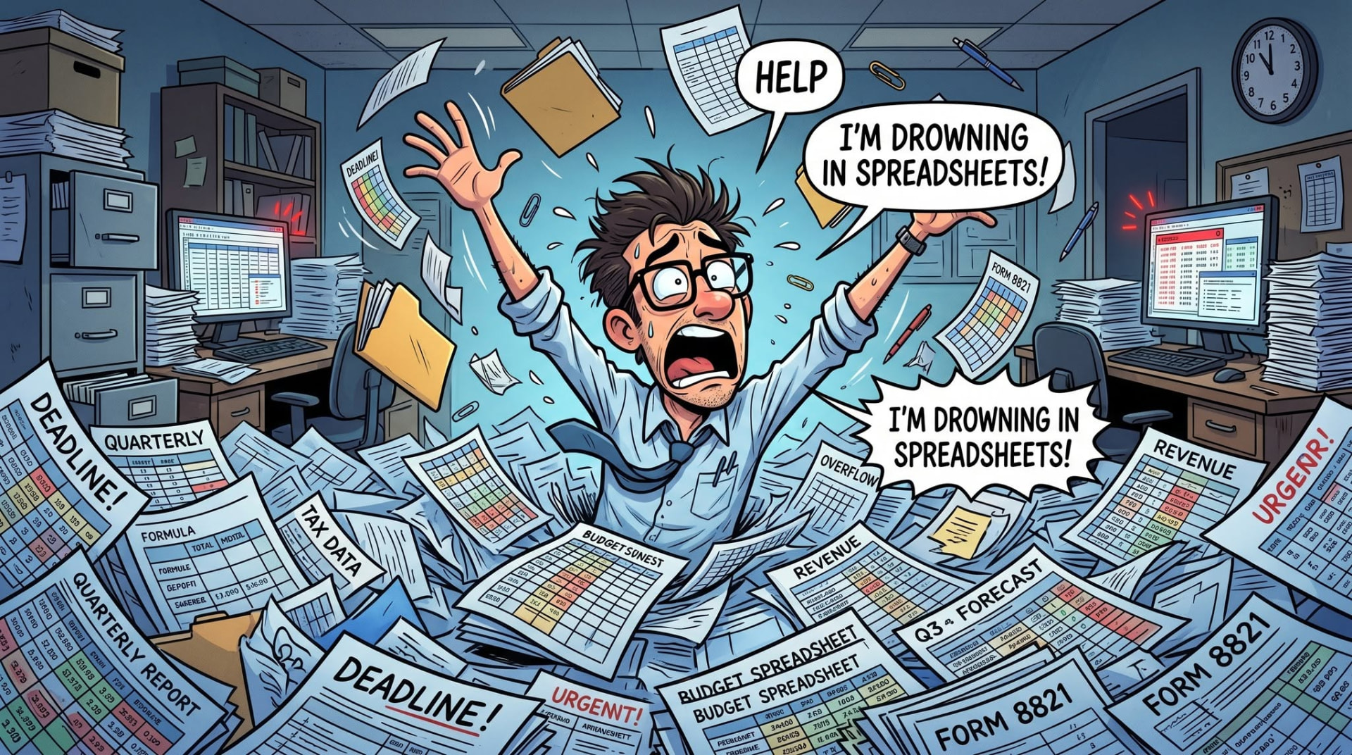 Cartoon of an overwhelmed office worker drowning in spreadsheets