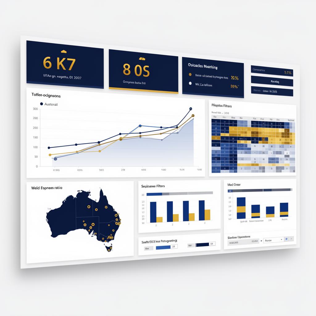 Example Power BI report with KPIs, trend charts and an Australian map
